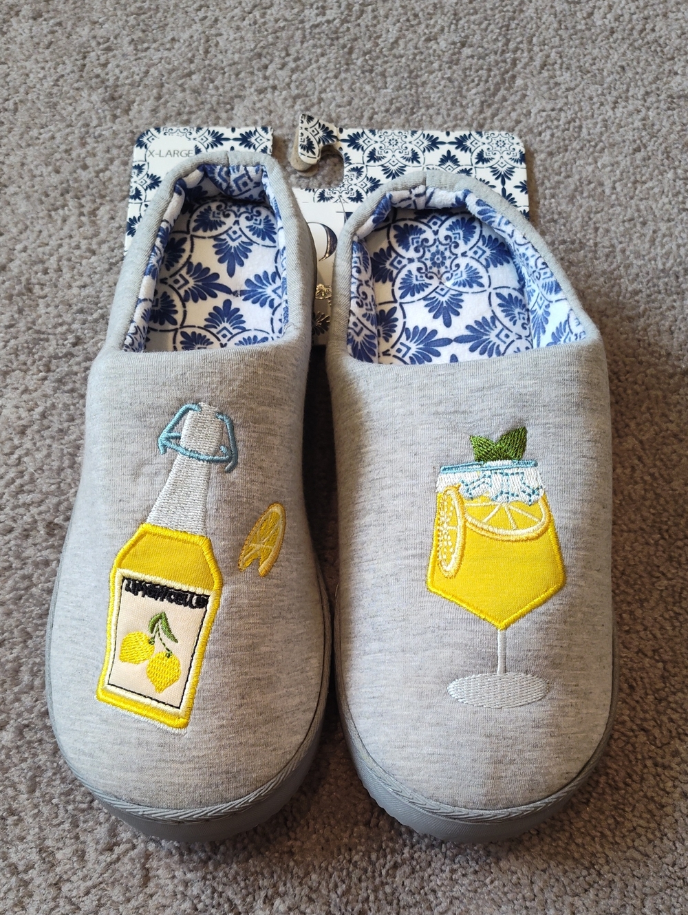 Kooba Gray Slip-On Slippers with Yellow Lemon Drink Embroidery